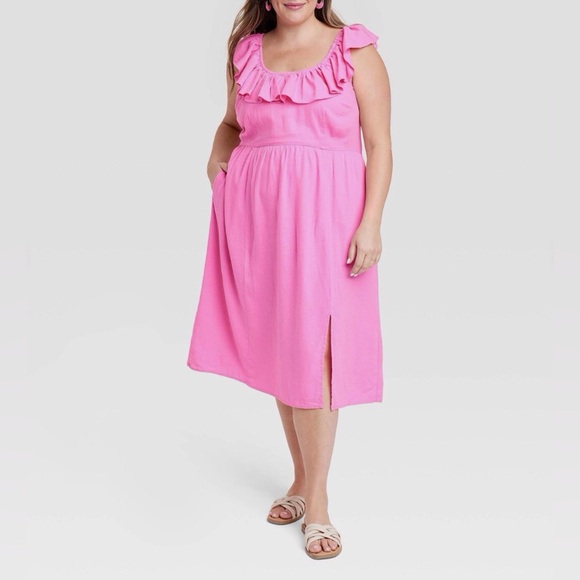 Ava & Viv Linen Dress Ruffle Neckline Smocked Back Midi Length Pink Size 1X - Picture 1 of 16